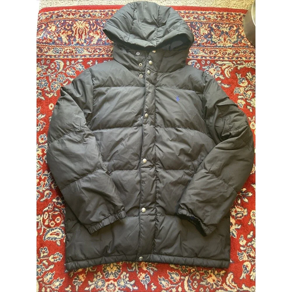 Polo Ralph Lauren Puffer Jacket Youth XL Black Down Fill Hooded Winter
